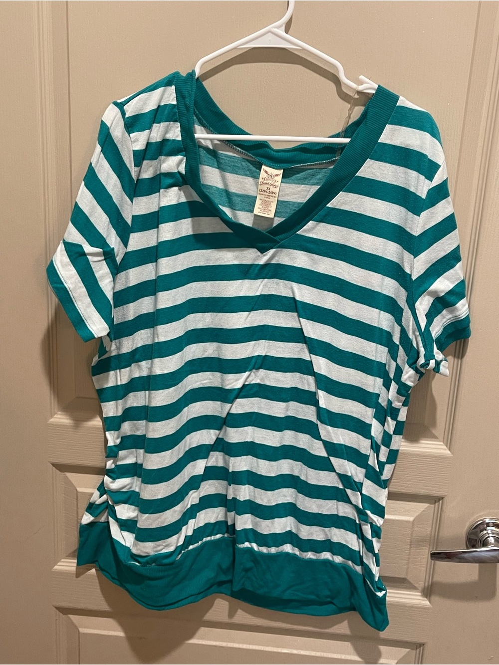 Faded Glory Teal & White Striped V-Neck Short Sleeve Top
